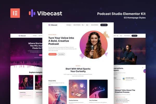 Kit Templat Vibecast - Podcast Studio Elementor Pro