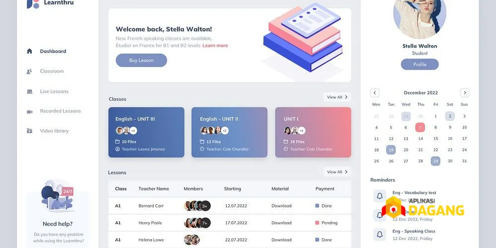 Tampilan dashboard aplikasi manajemen sekolah hasil pengembangan Aplikasi Dagang