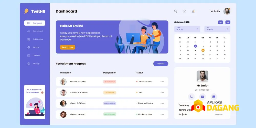 Dashboard aplikasi karyawan custom yang menampilkan data absensi dan kinerja karyawan