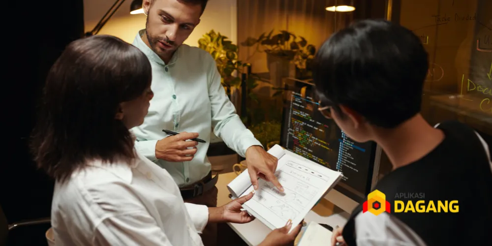 Tim Aplikasi Dagang sedang mengembangkan aplikasi startup di Bandung dengan suasana profesional.