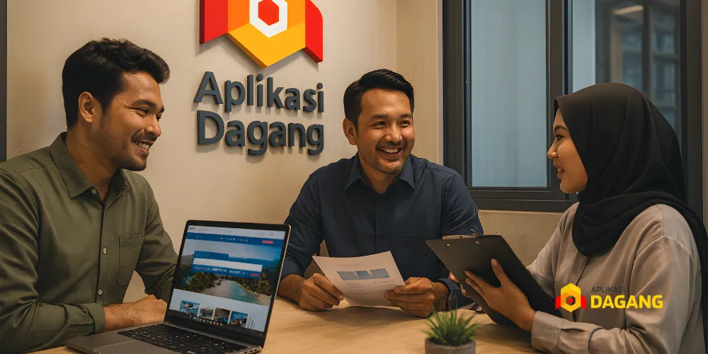 Tim pengembang aplikasi AplikasiDagang sedang berdiskusi proyek travel tech.