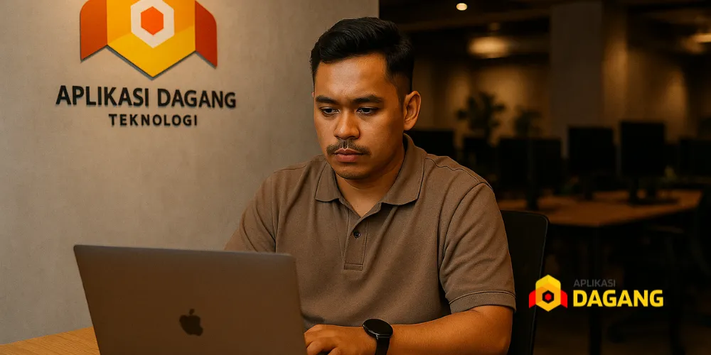 Tim PT Aplikasi Dagang Teknologi sedang mengembangkan software bisnis di kantor Bandung