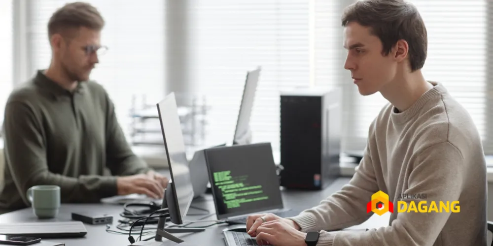 Tim PT Aplikasi Dagang Teknologi sedang mengembangkan software iOS custom di kantor Bandung.